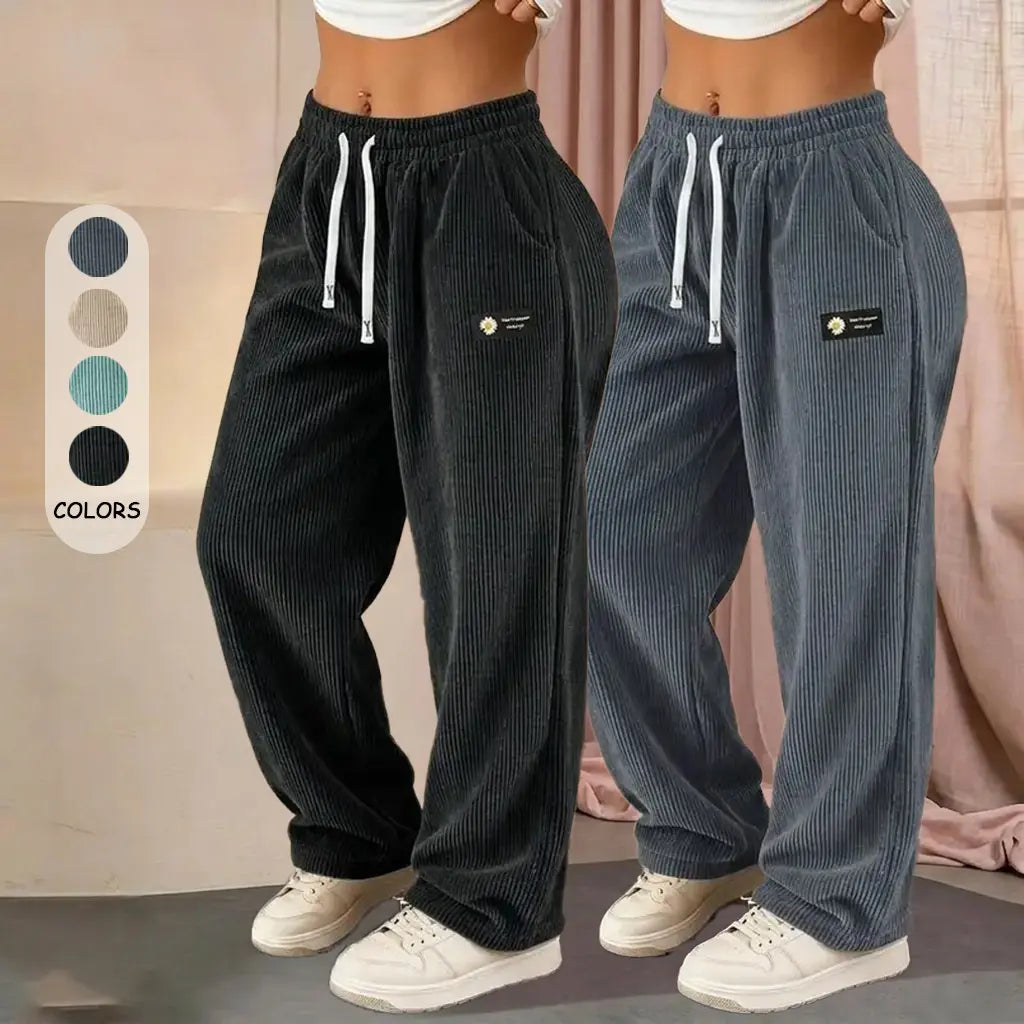Women’S 2-Pack Fashionable Corduroy Wide-Leg Floor-Length Pants, Mid-Rise Elastic Drawstring Waistband, Lightweight Breathable Drapey Fit, Labeled Detailing, Comfortable Athletic Bottom for Casual Home, Outings & Evening Wear