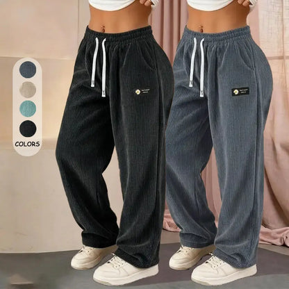 Women’S 2-Pack Fashionable Corduroy Wide-Leg Floor-Length Pants, Mid-Rise Elastic Drawstring Waistband, Lightweight Breathable Drapey Fit, Labeled Detailing, Comfortable Athletic Bottom for Casual Home, Outings & Evening Wear