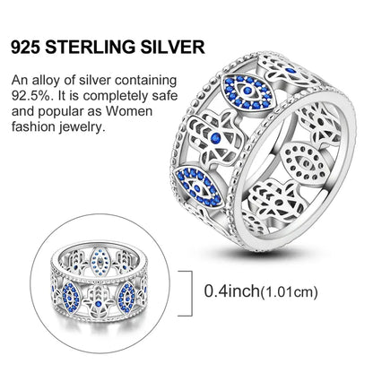 MULA S925 Silver-Plated Wide Ring — Featuring a Blue "Evil Eye" and Hamsa Hand Design Accented with Cubic Zirconia; a Crystal Piece with Spiritual Significance, Making It an Ideal Gift for Girls and Women.