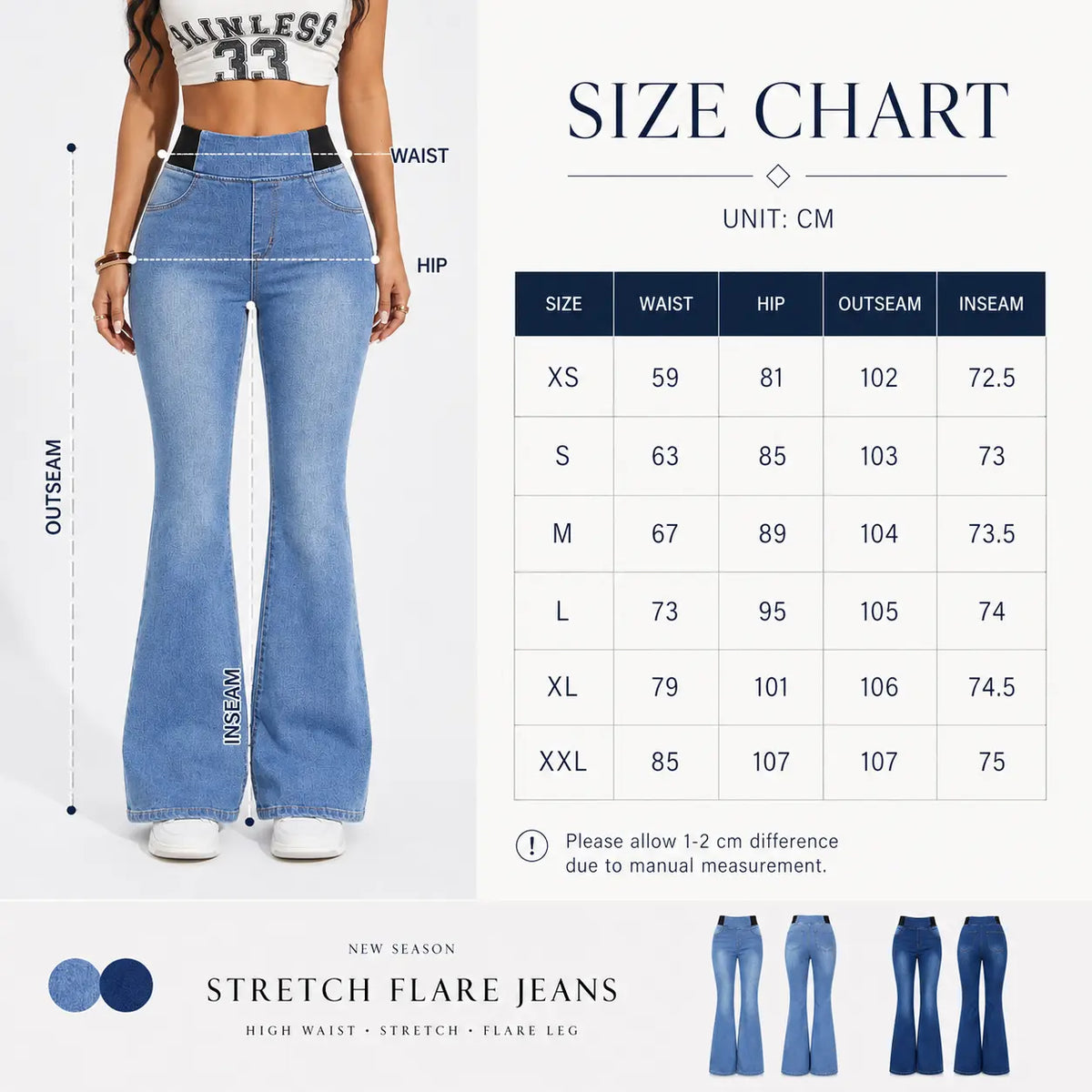 Women’S High Waisted Stretch Flare Jeans, Elastic Waist Bootcut Denim Pants with Pockets, Slim Fit Bell Bottom Jeans for Women, Curve Flattering Casual Y2K Streetwear Back to School Travel Weekend Everyday Fashion Denim