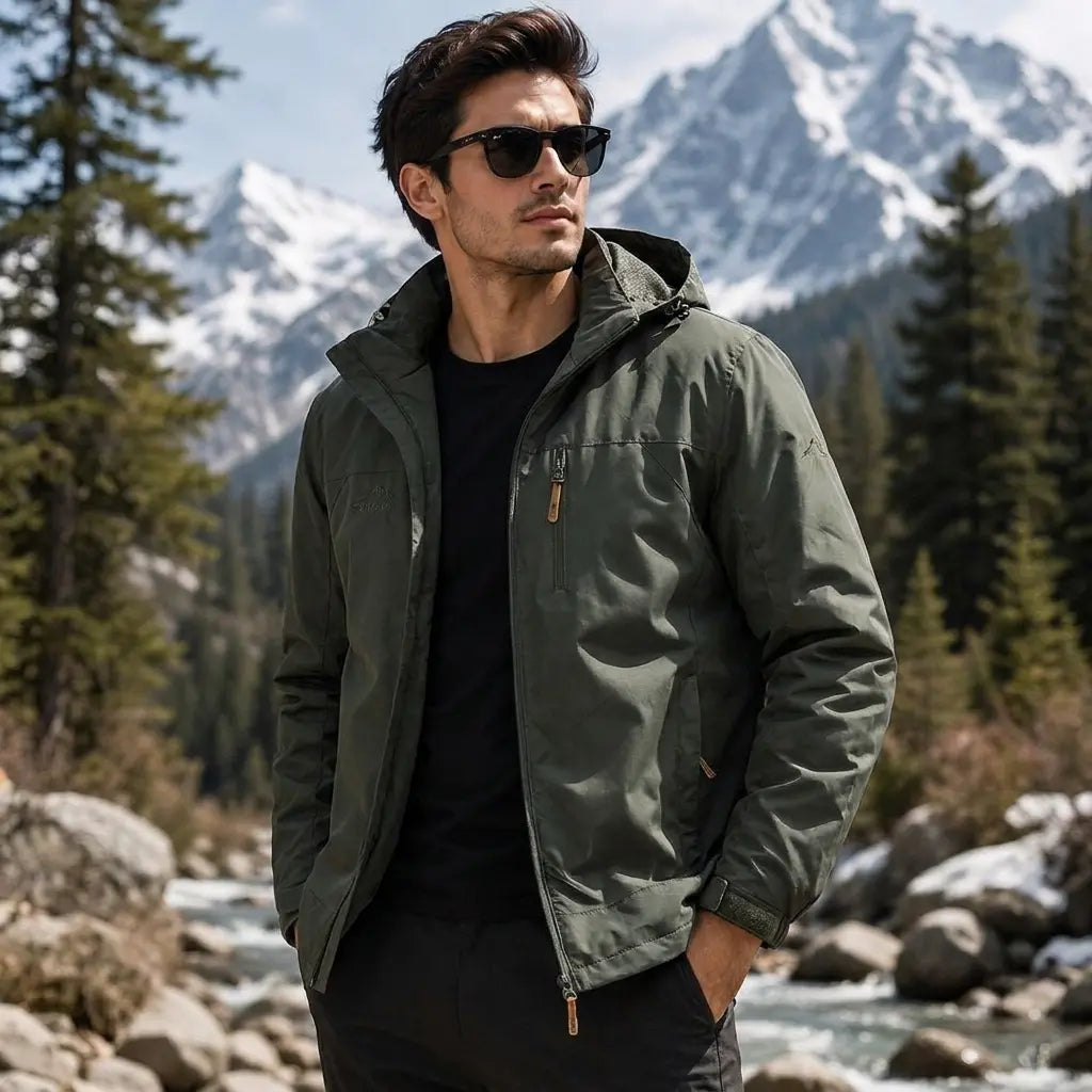 Men'S Lightweight Army Green Polyamine Windbreaker Coat, Stylish Detachable Hooded Zipper Multi-Pocket Menswear for Hiking, Spring Autumn Daily Outdoor Use (Lightweight Casual Coats Included)