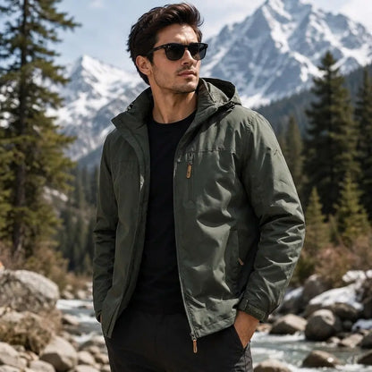 Men'S Lightweight Army Green Polyamine Windbreaker Coat, Stylish Detachable Hooded Zipper Multi-Pocket Menswear for Hiking, Spring Autumn Daily Outdoor Use (Lightweight Casual Coats Included)