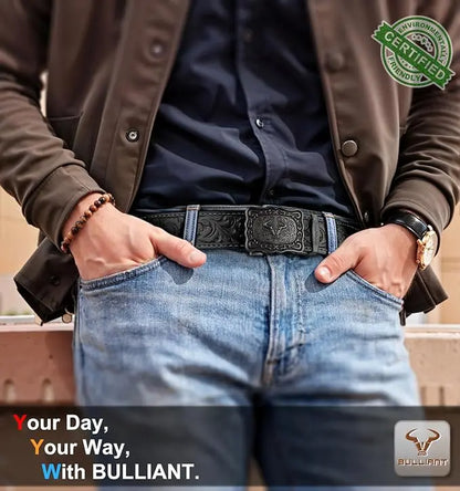 BULLIANT Men's Cowboy Ratchet Belt with Adjustable Western Buckle for Jeans and Casual Attire, Customizable Fit, Ideal Gift for Men