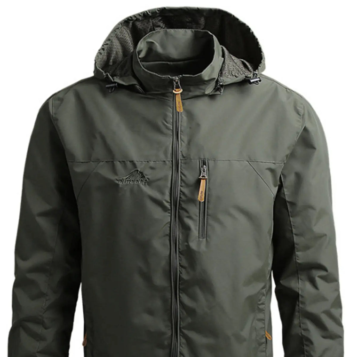 Men'S Lightweight Army Green Polyamine Windbreaker Coat, Stylish Detachable Hooded Zipper Multi-Pocket Menswear for Hiking, Spring Autumn Daily Outdoor Use (Lightweight Casual Coats Included)