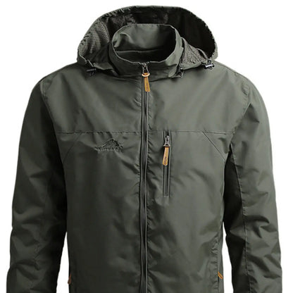 Men'S Lightweight Army Green Polyamine Windbreaker Coat, Stylish Detachable Hooded Zipper Multi-Pocket Menswear for Hiking, Spring Autumn Daily Outdoor Use (Lightweight Casual Coats Included)