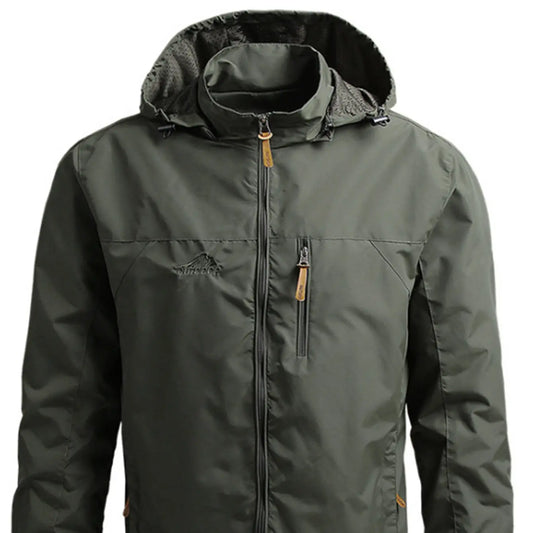 Men'S Lightweight Army Green Polyamine Windbreaker Coat, Stylish Detachable Hooded Zipper Multi-Pocket Menswear for Hiking, Spring Autumn Daily Outdoor Use (Lightweight Casual Coats Included)