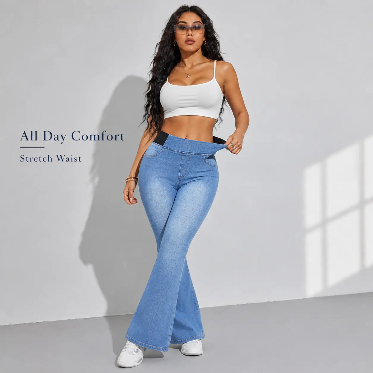Women’S High Waisted Stretch Flare Jeans, Elastic Waist Bootcut Denim Pants with Pockets, Slim Fit Bell Bottom Jeans for Women, Curve Flattering Casual Y2K Streetwear Back to School Travel Weekend Everyday Fashion Denim