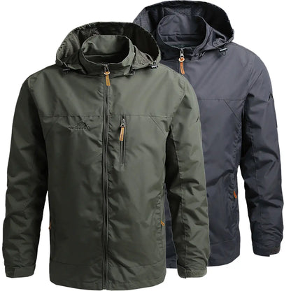 Men'S Lightweight Army Green Polyamine Windbreaker Coat, Stylish Detachable Hooded Zipper Multi-Pocket Menswear for Hiking, Spring Autumn Daily Outdoor Use (Lightweight Casual Coats Included)
