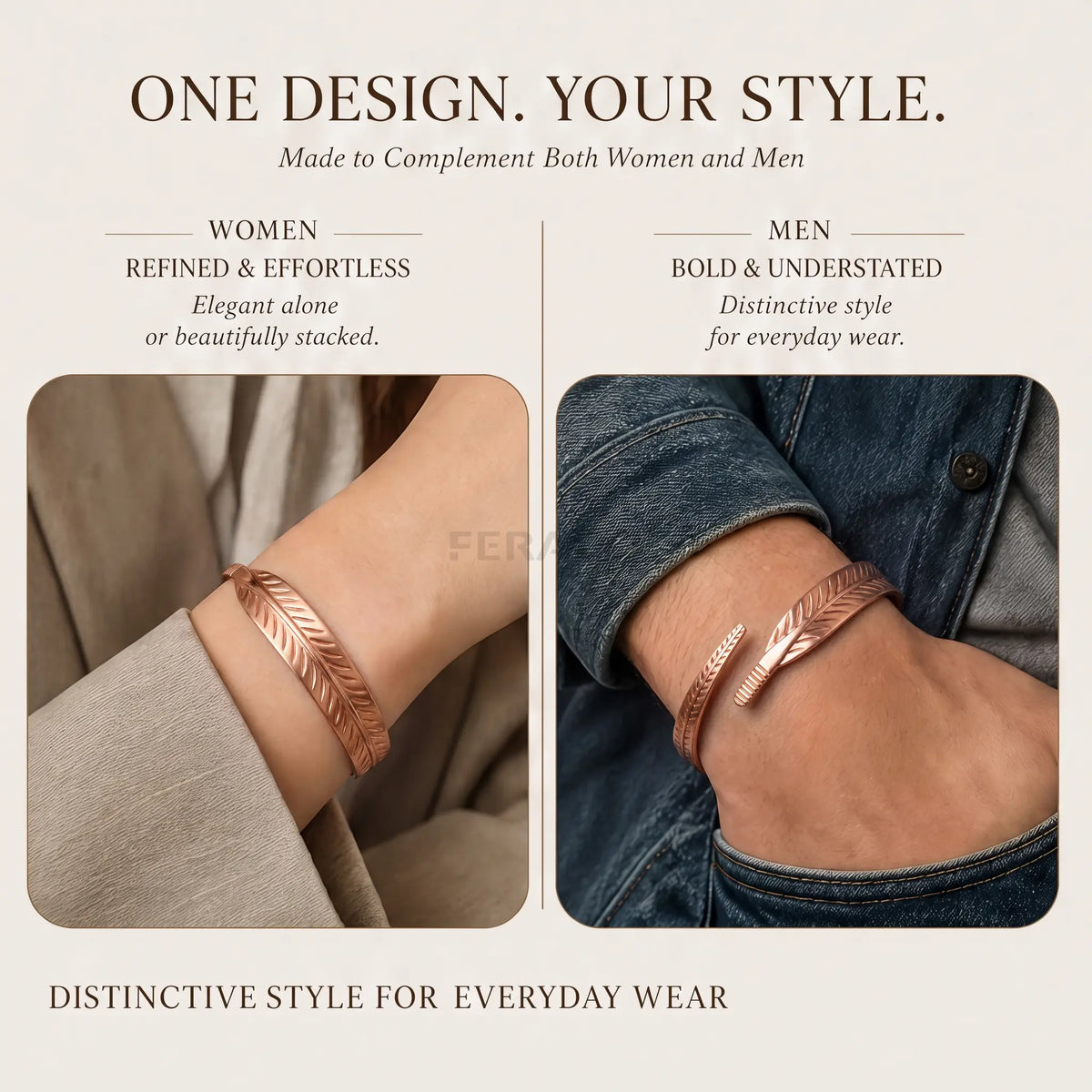 Feraco Women's 2-Piece Pure Copper Cuff Bracelet Set - Elegant Unplated Leaf Design, Authentic Handmade Casual Wear Bangles