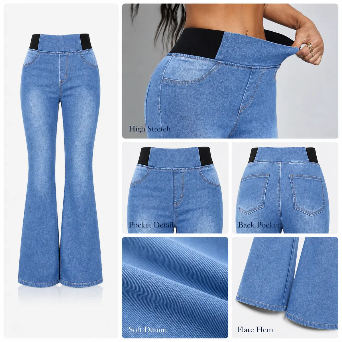 Women’S High Waisted Stretch Flare Jeans, Elastic Waist Bootcut Denim Pants with Pockets, Slim Fit Bell Bottom Jeans for Women, Curve Flattering Casual Y2K Streetwear Back to School Travel Weekend Everyday Fashion Denim