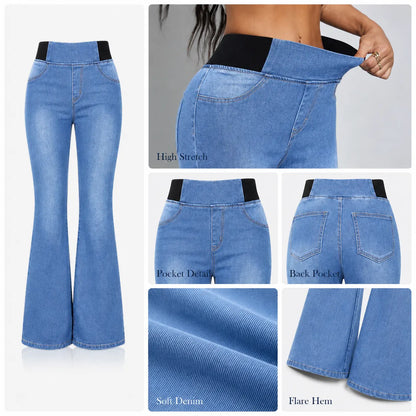 Women’S High Waisted Stretch Flare Jeans, Elastic Waist Bootcut Denim Pants with Pockets, Slim Fit Bell Bottom Jeans for Women, Curve Flattering Casual Y2K Streetwear Back to School Travel Weekend Everyday Fashion Denim