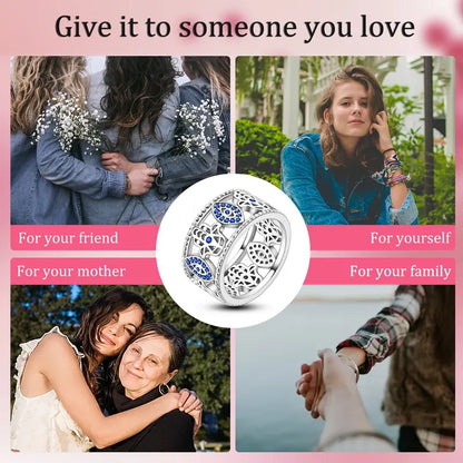 MULA S925 Silver-Plated Wide Ring — Featuring a Blue "Evil Eye" and Hamsa Hand Design Accented with Cubic Zirconia; a Crystal Piece with Spiritual Significance, Making It an Ideal Gift for Girls and Women.