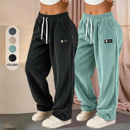 Women’S 2-Pack Fashionable Corduroy Wide-Leg Floor-Length Pants, Mid-Rise Elastic Drawstring Waistband, Lightweight Breathable Drapey Fit, Labeled Detailing, Comfortable Athletic Bottom for Casual Home, Outings & Evening Wear