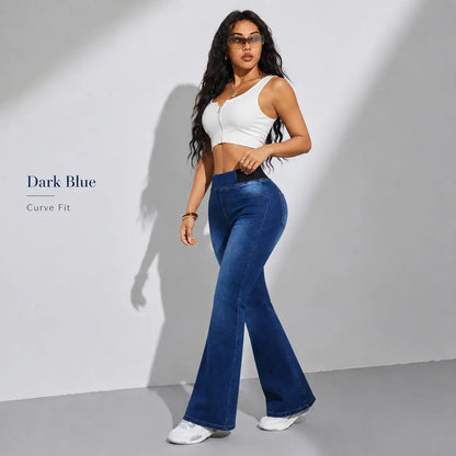 Women’S High Waisted Stretch Flare Jeans, Elastic Waist Bootcut Denim Pants with Pockets, Slim Fit Bell Bottom Jeans for Women, Curve Flattering Casual Y2K Streetwear Back to School Travel Weekend Everyday Fashion Denim
