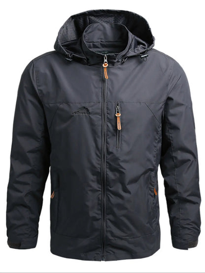 Men'S Lightweight Army Green Polyamine Windbreaker Coat, Stylish Detachable Hooded Zipper Multi-Pocket Menswear for Hiking, Spring Autumn Daily Outdoor Use (Lightweight Casual Coats Included)