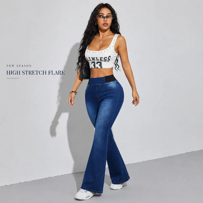 Women’S High Waisted Stretch Flare Jeans, Elastic Waist Bootcut Denim Pants with Pockets, Slim Fit Bell Bottom Jeans for Women, Curve Flattering Casual Y2K Streetwear Back to School Travel Weekend Everyday Fashion Denim