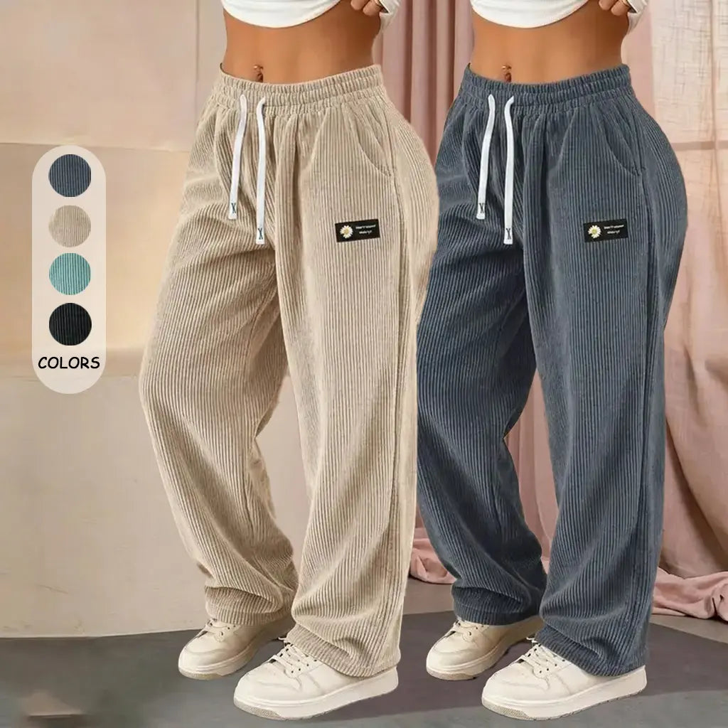 Women’S 2-Pack Fashionable Corduroy Wide-Leg Floor-Length Pants, Mid-Rise Elastic Drawstring Waistband, Lightweight Breathable Drapey Fit, Labeled Detailing, Comfortable Athletic Bottom for Casual Home, Outings & Evening Wear