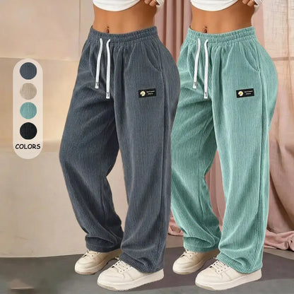 Women’S 2-Pack Fashionable Corduroy Wide-Leg Floor-Length Pants, Mid-Rise Elastic Drawstring Waistband, Lightweight Breathable Drapey Fit, Labeled Detailing, Comfortable Athletic Bottom for Casual Home, Outings & Evening Wear
