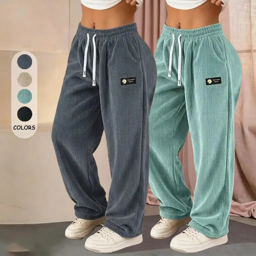 Women’S 2-Pack Fashionable Corduroy Wide-Leg Floor-Length Pants, Mid-Rise Elastic Drawstring Waistband, Lightweight Breathable Drapey Fit, Labeled Detailing, Comfortable Athletic Bottom for Casual Home, Outings & Evening Wear
