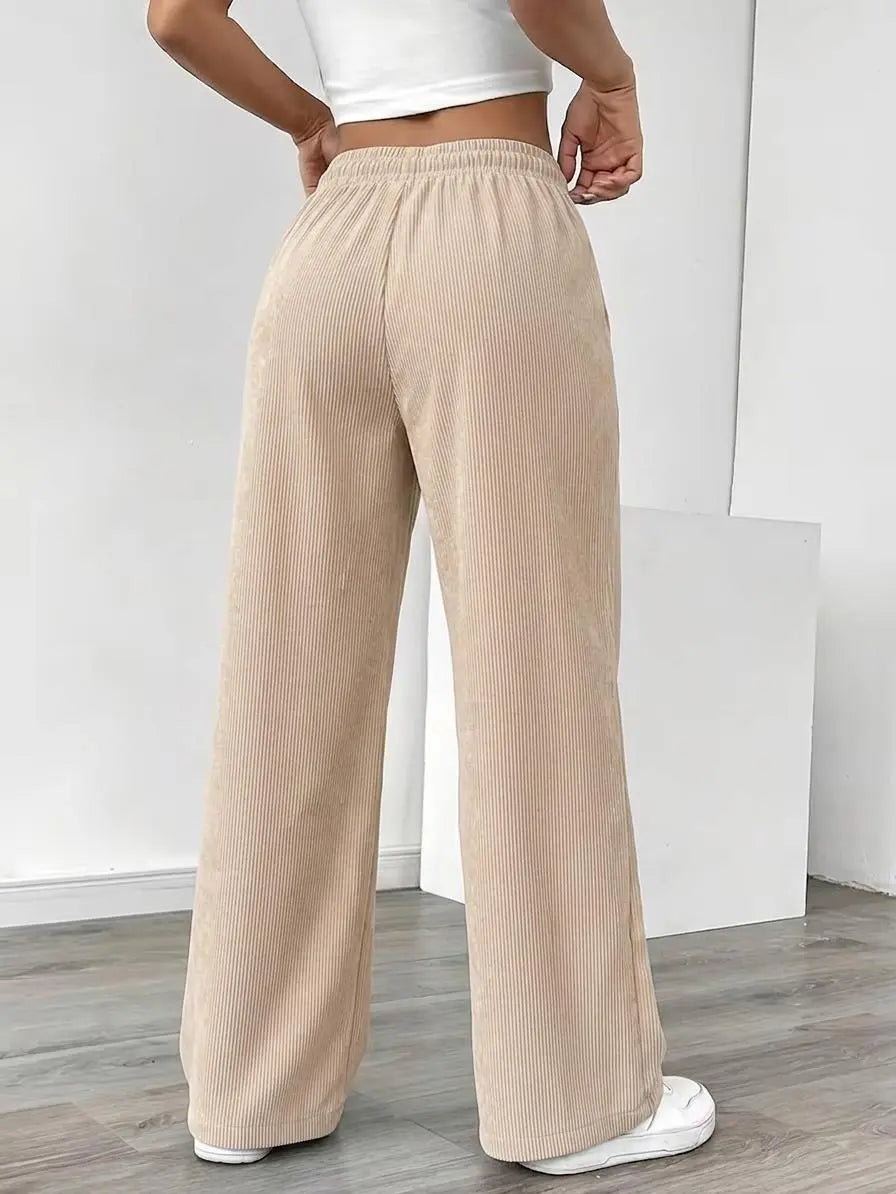 Women’S 2-Pack Fashionable Corduroy Wide-Leg Floor-Length Pants, Mid-Rise Elastic Drawstring Waistband, Lightweight Breathable Drapey Fit, Labeled Detailing, Comfortable Athletic Bottom for Casual Home, Outings & Evening Wear