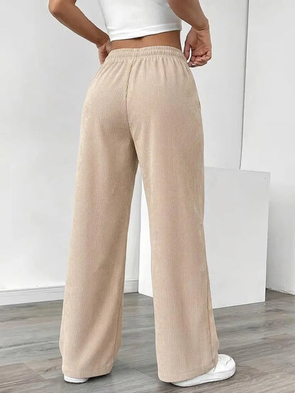 Women’S 2-Pack Fashionable Corduroy Wide-Leg Floor-Length Pants, Mid-Rise Elastic Drawstring Waistband, Lightweight Breathable Drapey Fit, Labeled Detailing, Comfortable Athletic Bottom for Casual Home, Outings & Evening Wear