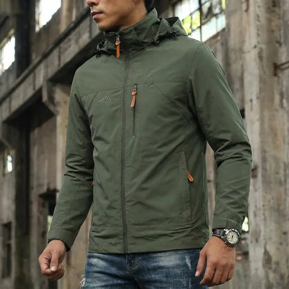 Men'S Lightweight Army Green Polyamine Windbreaker Coat, Stylish Detachable Hooded Zipper Multi-Pocket Menswear for Hiking, Spring Autumn Daily Outdoor Use (Lightweight Casual Coats Included)