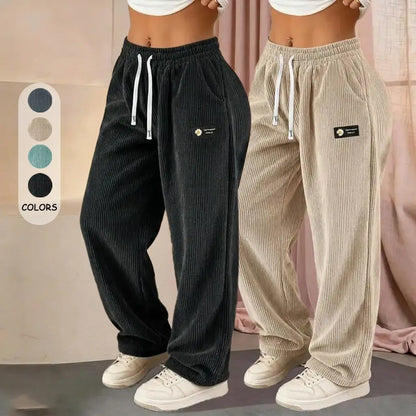 Women’S 2-Pack Fashionable Corduroy Wide-Leg Floor-Length Pants, Mid-Rise Elastic Drawstring Waistband, Lightweight Breathable Drapey Fit, Labeled Detailing, Comfortable Athletic Bottom for Casual Home, Outings & Evening Wear