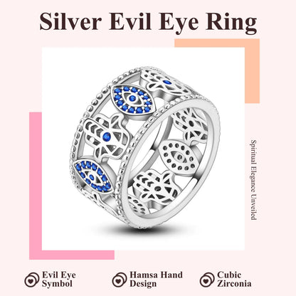 MULA S925 Silver-Plated Wide Ring — Featuring a Blue "Evil Eye" and Hamsa Hand Design Accented with Cubic Zirconia; a Crystal Piece with Spiritual Significance, Making It an Ideal Gift for Girls and Women.