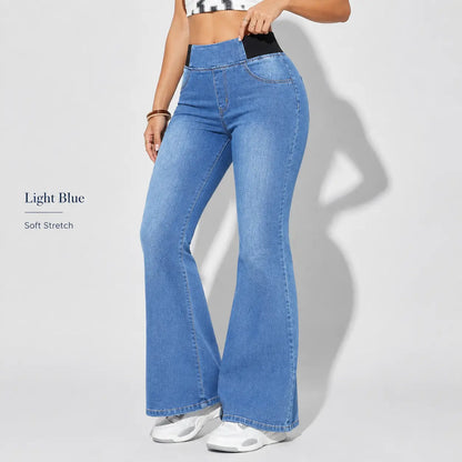 Women’S High Waisted Stretch Flare Jeans, Elastic Waist Bootcut Denim Pants with Pockets, Slim Fit Bell Bottom Jeans for Women, Curve Flattering Casual Y2K Streetwear Back to School Travel Weekend Everyday Fashion Denim