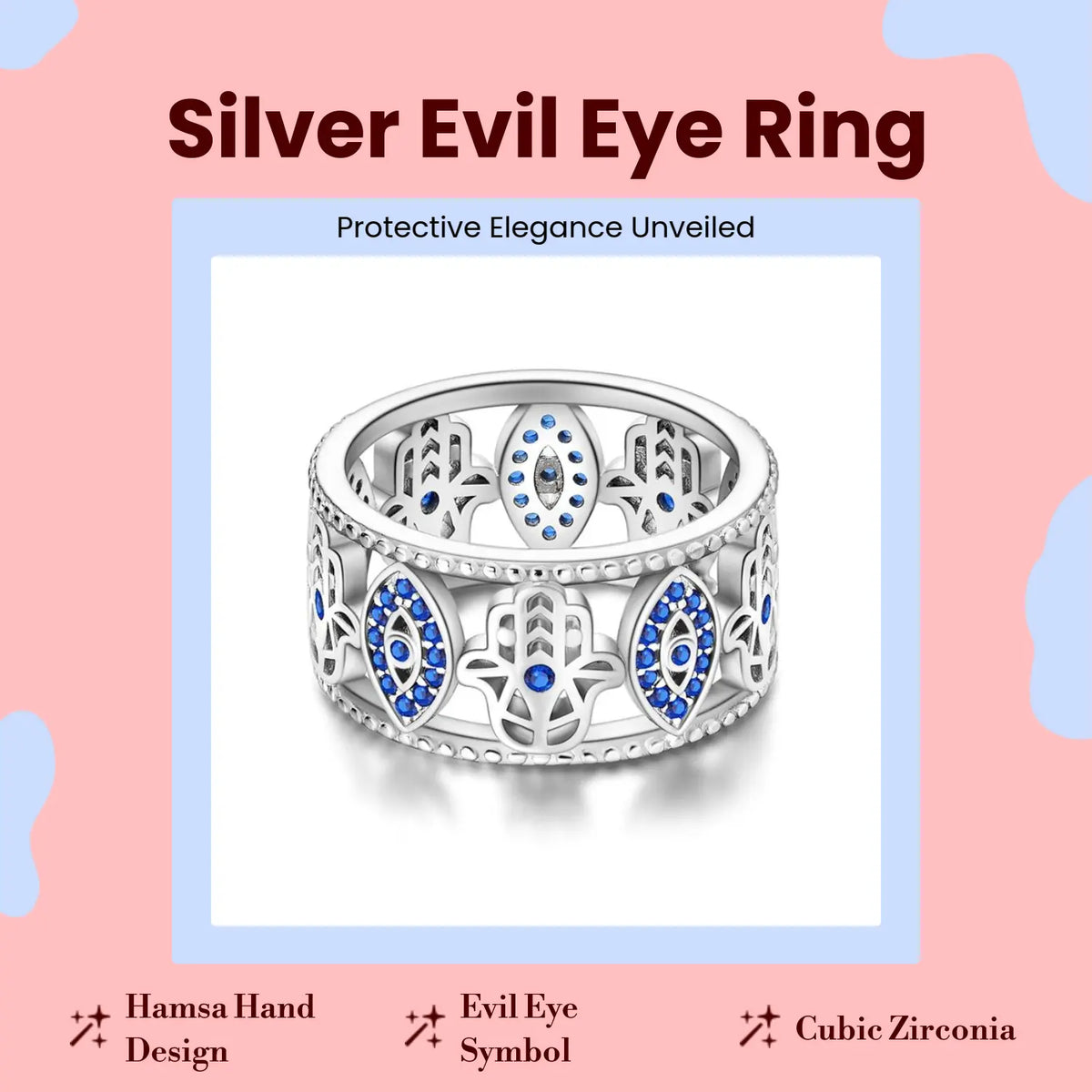 MULA S925 Silver-Plated Wide Ring — Featuring a Blue "Evil Eye" and Hamsa Hand Design Accented with Cubic Zirconia; a Crystal Piece with Spiritual Significance, Making It an Ideal Gift for Girls and Women.
