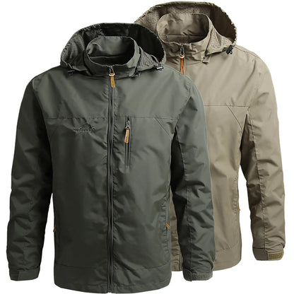 Men'S Lightweight Army Green Polyamine Windbreaker Coat, Stylish Detachable Hooded Zipper Multi-Pocket Menswear for Hiking, Spring Autumn Daily Outdoor Use (Lightweight Casual Coats Included)